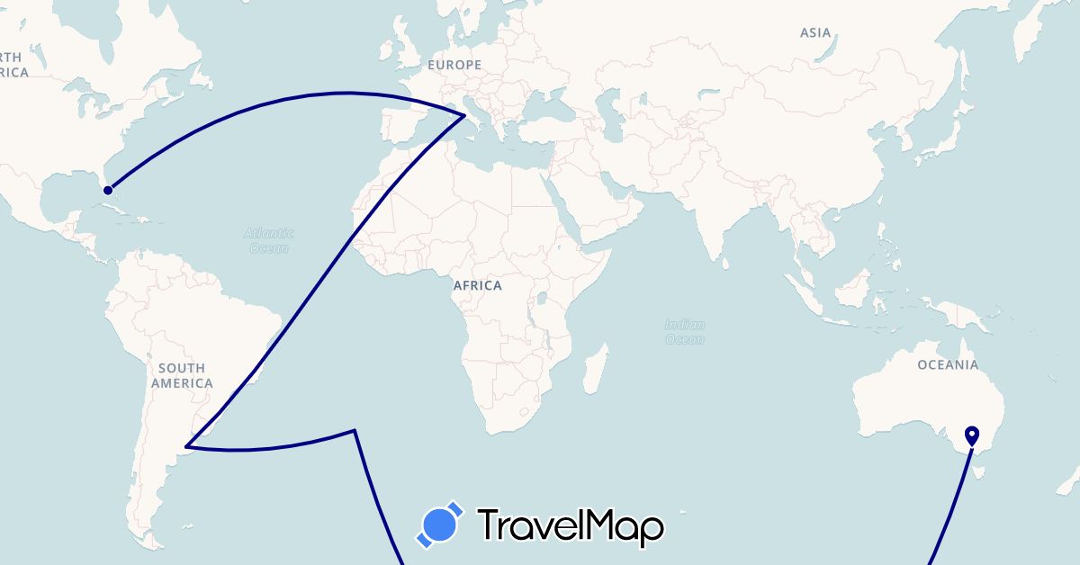 TravelMap itinerary: driving in Argentina, Australia, Italy, United States (Europe, North America, Oceania, South America)